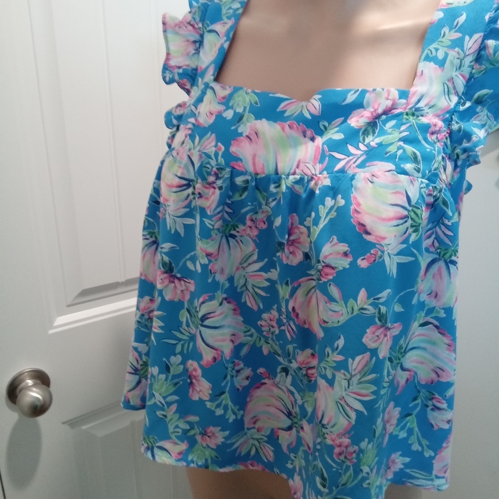 Emily Wonder Size S. Floral Blue Babydoll Cut Sleeveless Top